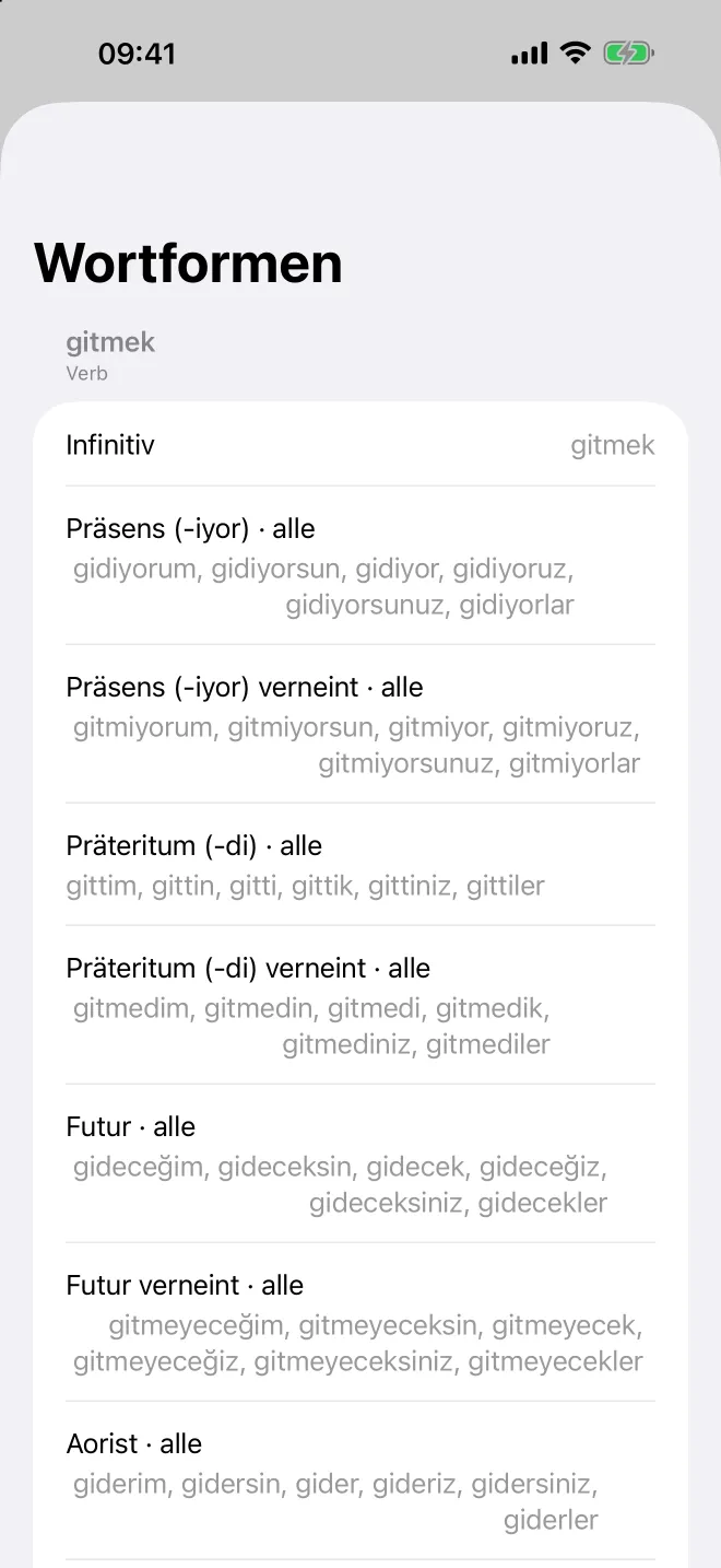 Wortformen eines Verbs in Kioku