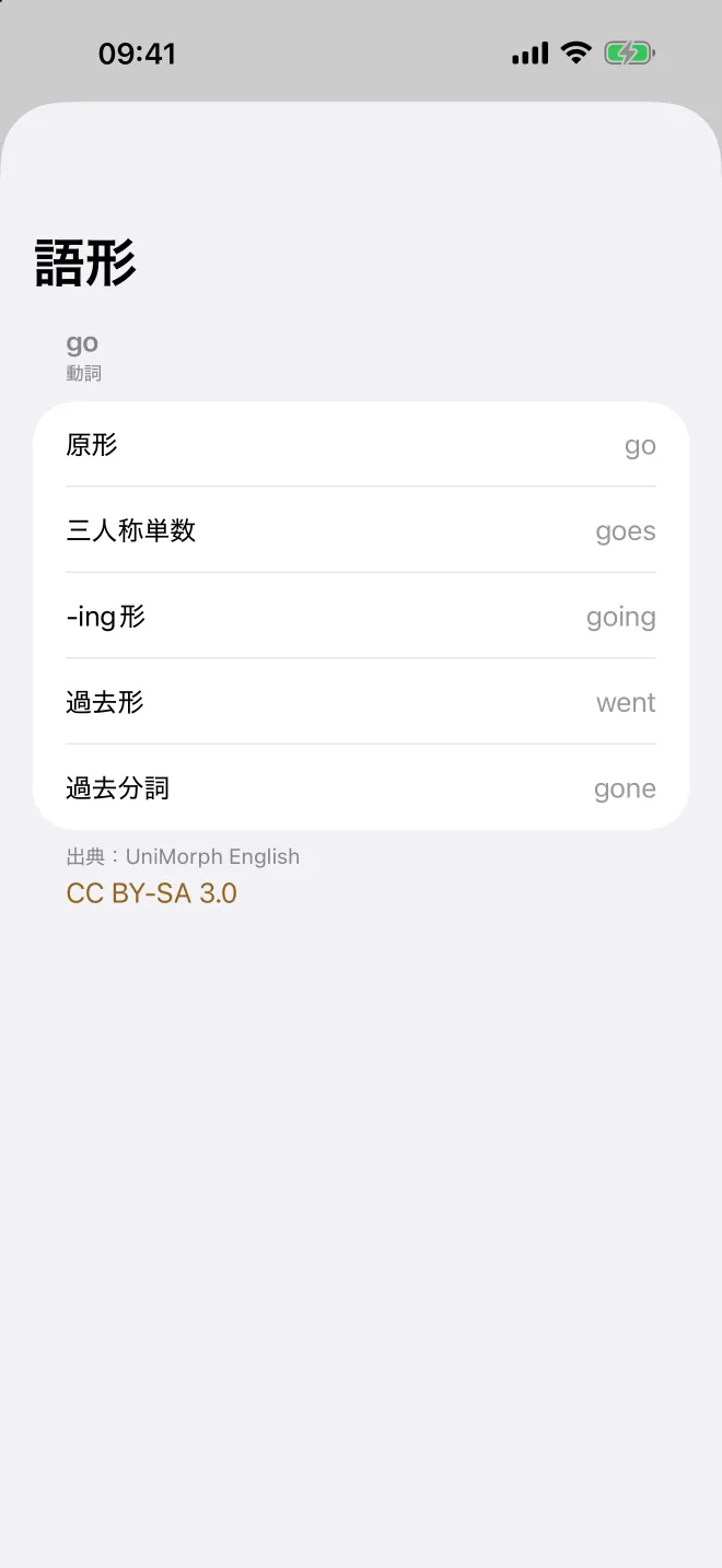 Kiokuで動詞の語形を表示した画面
